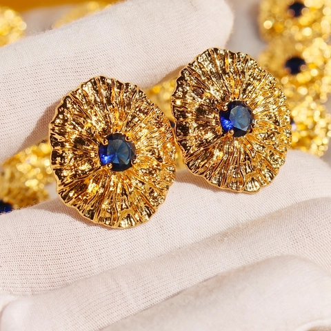 French Vintage Gold Lava Brushed Texture Stud Earrings With Blue Zirconia And 925 Sterling Silver Post Retro Large Earrings For Women