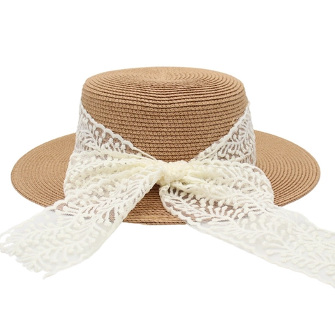 French Retro Boater Hat Straw Woven Wide Brim Lace Ribbon Bowtie Metal Decor Summer Beach Vacation Elegant For Women