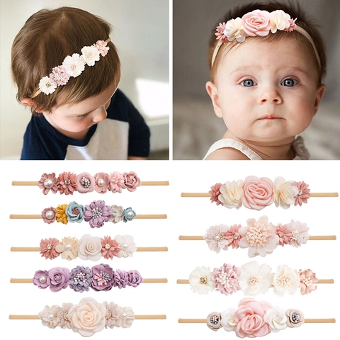 Fascia Per Capelli Con Fiori Per Neonati Fatta A Mano Chiffon Floreale Elastica Nylon Per Neonata Bambina Puntelli Per Fotografia