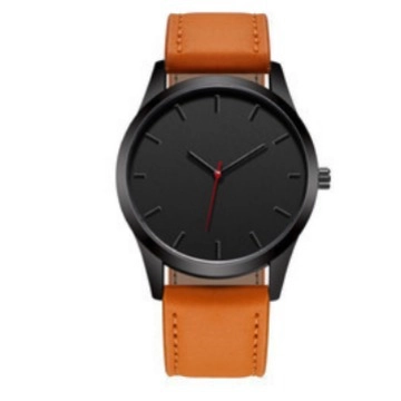 Men Minimalist Quartz Watch With Matte Black Alloy Case Faux Leather Strap Red Second Hand Business Casual Fashion