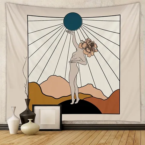 Bohemian Abstract Line Art Tapestry Polyester Wall Hanging Floral Woman Mountains Sun Decor For Bedroom Living Room