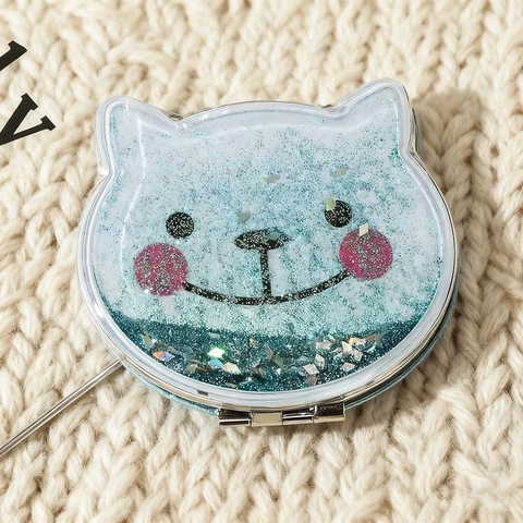 Miroir De Maquillage Pliant Portable Tête De Chat Dessin Animé Paillettes Mouvantes Double Face Miroir De Poche Compact Cadeau