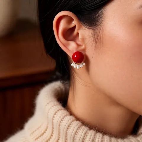 Orecchini A Lobo Con Sfera Rossa Perla Artificial Sintetica E Zircone Forma A Ventaglio Placcato Oro Perno In Argento Vintage Donna