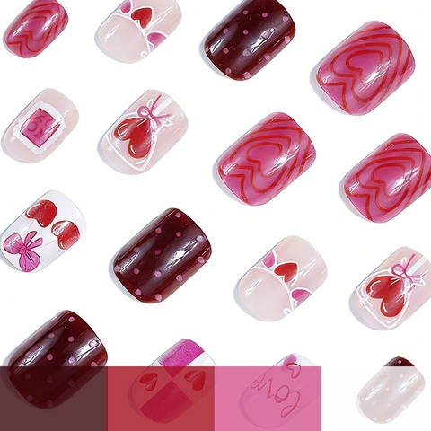 Unghie Finte Corte Quadrate Lucide San Valentino Dolce Cuore Fiocco Ciliegia Design Per Donne Moda