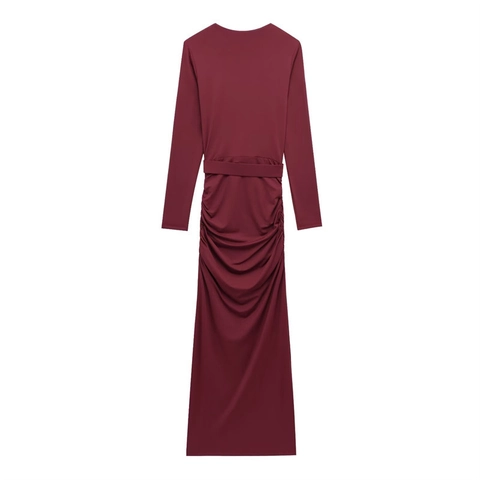 Abito Maxi Con Scollo A V Profondo Maniche Lunghe Arricciato Borgogna Poliestere Bodycon Elegante Da Sera Con Fibbia In Metallo Oro