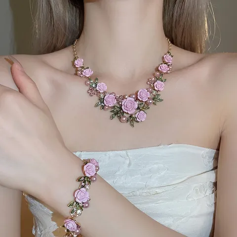 Rose Flower Necklace Bracelet Earrings For Women Resin Floral With Silver Earring Post Rhinestone Artificial Pearl Romantic