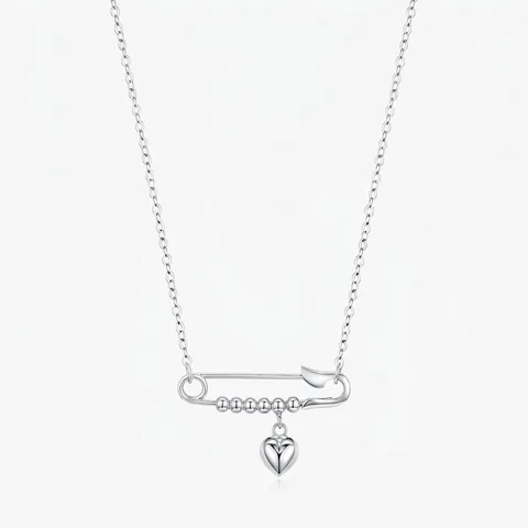 925 Sterling Silber Herz Anhänger Halskette Minimalistisches Sicherheitsnadel Design Mit Metallperlen Für Damen