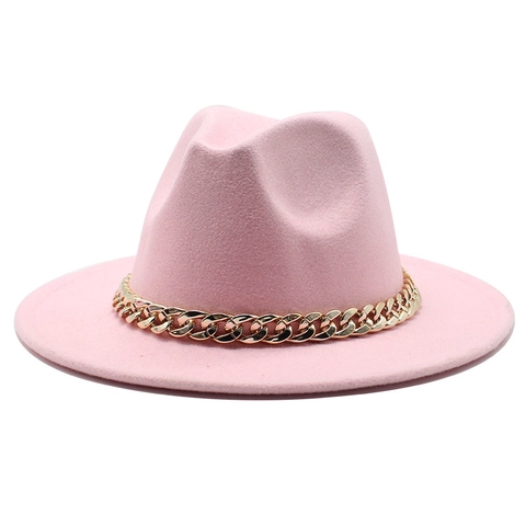 Fedora Hat Wide Brim Wool Felt With Gold Metal Chain Vintage British Style Jazz Cap For Men Women Solid Color Elegant