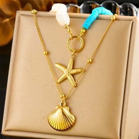 Collar De Capas Acero Inoxidable Oro Concha Cuentas Heishi Estrella De Mar Colgante Bohemio Playa Joyería Para Mujer