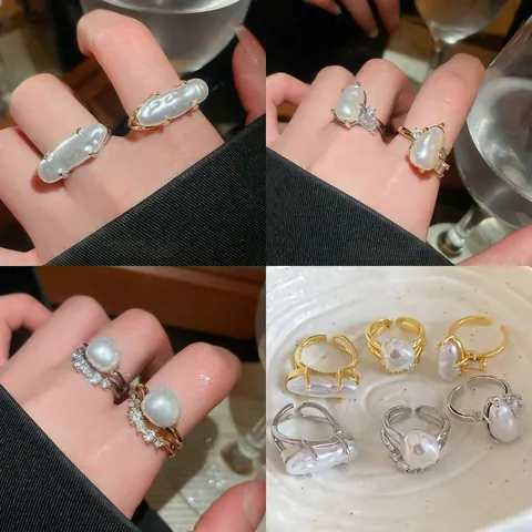 Baroque Irregular Artificial Pearl Open Ring For Women Vintage Light Luxury Zircon Adjustable Niche Design Finger Jewelry