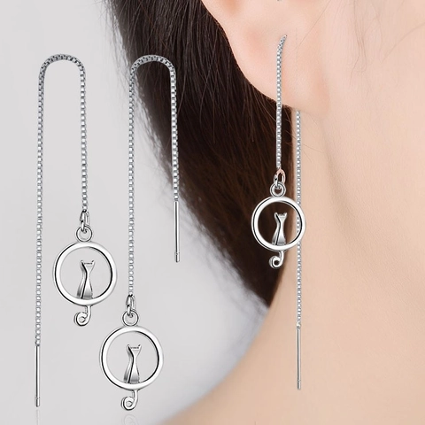 Orecchini a Filo in Argento Sterling 925 Carino Gatto Nappa Lunga Orecchini Pendenti per Donna Gioielli Minimalisti Placcati Oro Bianco