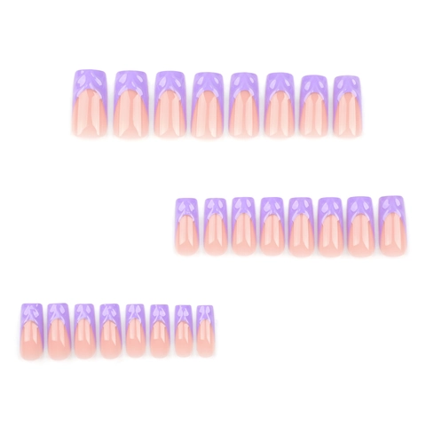 Lavender Purple 3D Water Ripple Press On Nails Long Square French Style Fake Nails For Women Manicure Art Decor