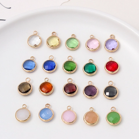 Round Birthstone Charms Gold Plated Copper Framed Faceted Glass Crystal Pendants For DIY Jewelry Making Crafting