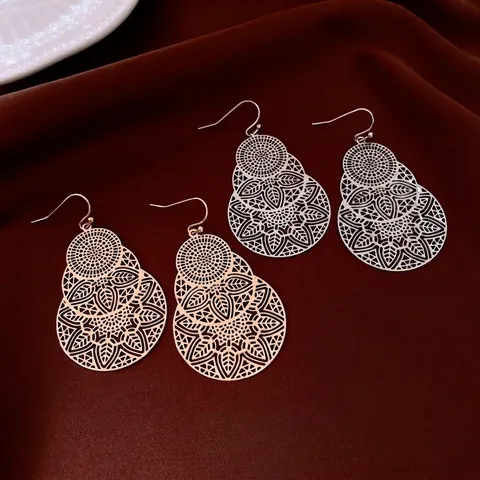 Vintage Hollow Floral Mandala Drop Earrings Ethnic Style Copper Jewelry With 925 Sterling Silver Earring Post For Women