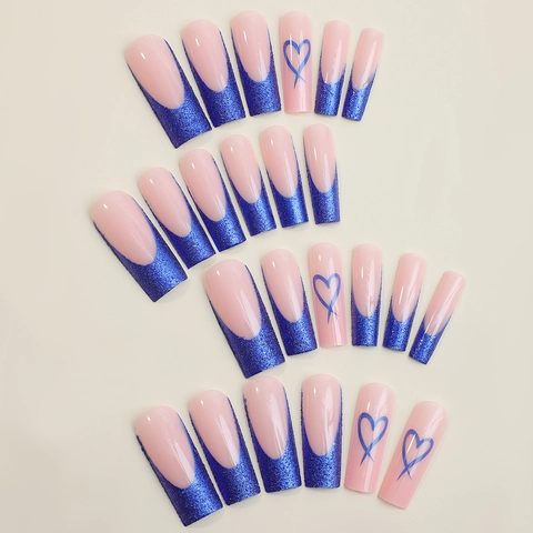 Unghie Finte French Tip Glitter Blu Forma Bara Motivo A Cuore Rosa Nudo ABS