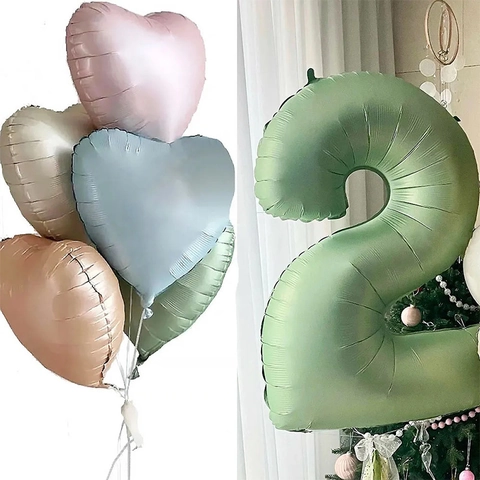 Aluminiumfolie Ballon Nummer Und Herzformen Geburtstag Jubiläum Party Dekoration Morandi Olivgrün Stil