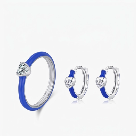 Gioielli In Argento Sterling 925 Cuore Zirconia Anello E Orecchini A Cerchio Smalto Colorato Per Donna