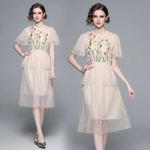 Robe Mi-Longue Élégante En Mesh Avec Paillettes Et Broderie Florale 3D Manches À Volants Étages Col Rond Pour Femmes