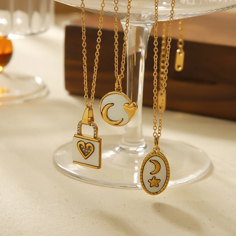 18K Gold Plated Stainless Steel Necklace Heart Moon Star Lock Enamel Pendant Zircon Elegant Fashion Jewelry Women