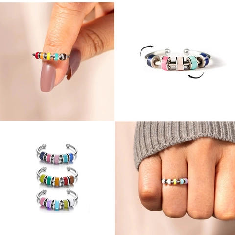 Enamel Spinner Ring Stainless Steel Anxiety Relief Fidget Adjustable Open Band Colorful Beads For Women