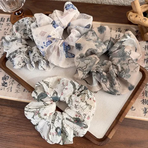 Chinese Style Ink Painting Calligraphy Scrunchies Chiffon Fabric Oversized Hair Ties Retro Elegant Ethnic Headwear For Women