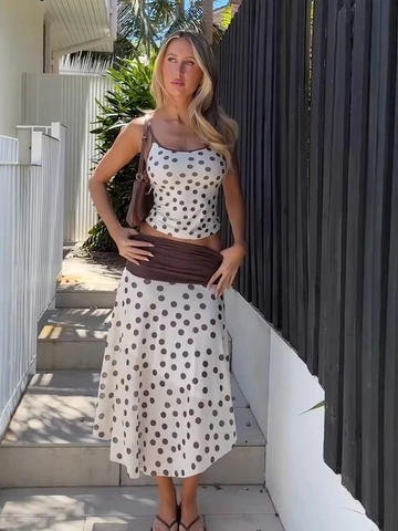 Women Polka Dot Camisole Crop Top And High Waist Maxi Skirt Polyester Elastane Ruched Contrast Waist Summer Vacation Fashion