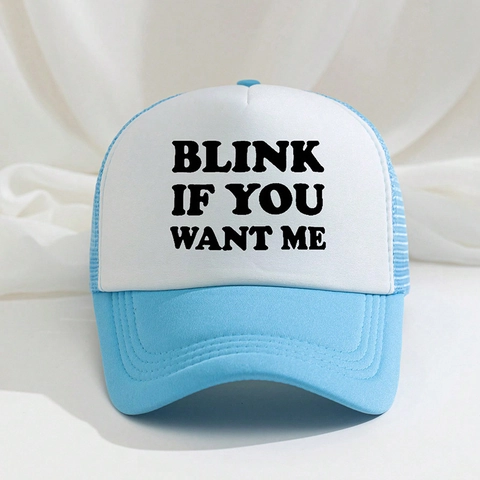 Trucker Hat Mesh Baseball Cap Breathable Adjustable Snapback Curved Brim Blink If You Want Me Slogan Print Sun Hat Adult
