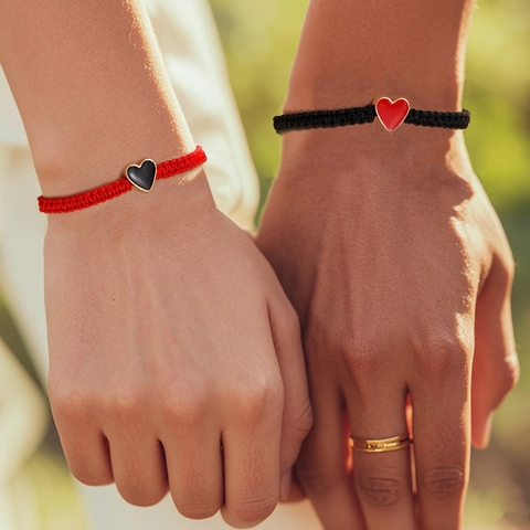 Herz Anhänger Armband Handgefertigte Gewebte Verstellbare Schnur Kupfer Emaille Minimalist Unisex Paare Kontrast Schmuck