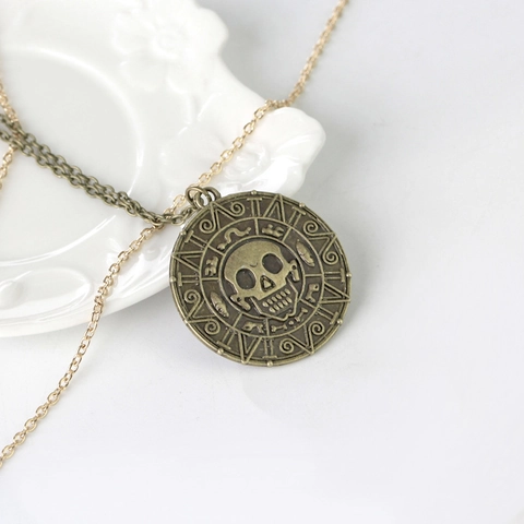 Vintage Alloy Skull Pendant Necklace Aztec Gold Coin Style Gothic Pirate Men Jewelry For Halloween Party Gift
