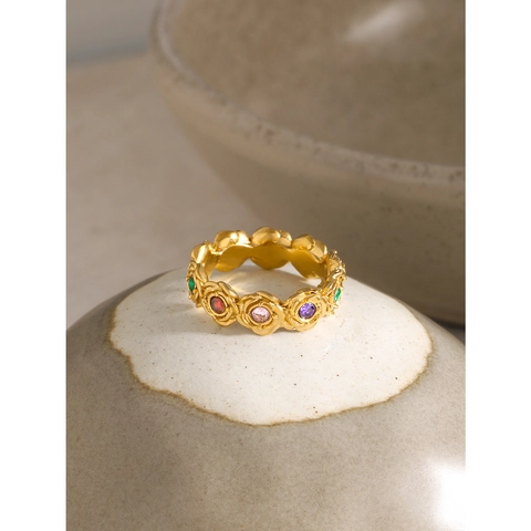 Französischer Vintage Edelstahl Rosenblüte Ring Für Damen Vergoldet Bunt Strass Eingelegt Elegant Fingerring Schmuck