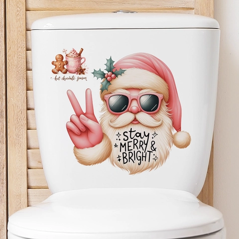 Pegatinas Tapa De Inodoro Navidad Rosa Calcomanía PVC Extraíble Papá Noel Muñeco De Nieve Decoración Baño Hogar
