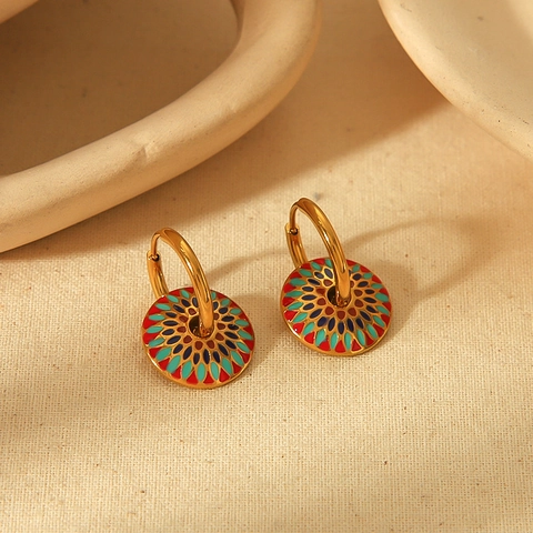 Emaille Blumen Creolen 18K Vergoldet Edelstahl Bohemian Retro Ethnisch Bemalt Schmuck Für Frauen