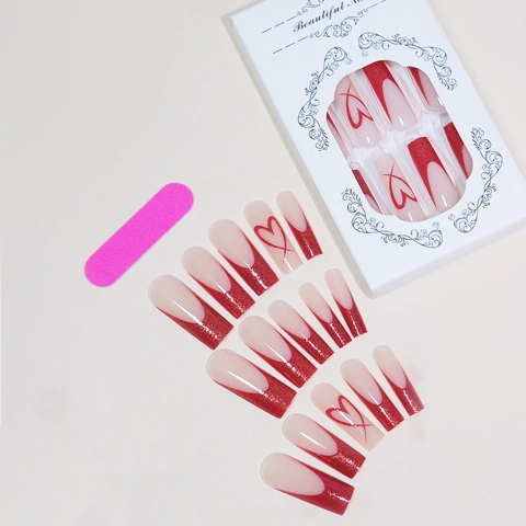 Rote Herz Französische Aufpressnägel Lange Sarg Glitzer Glänzende Falsche Nägel Mit Gelee Kleber Und Feile Für Frauen Süßer Stil