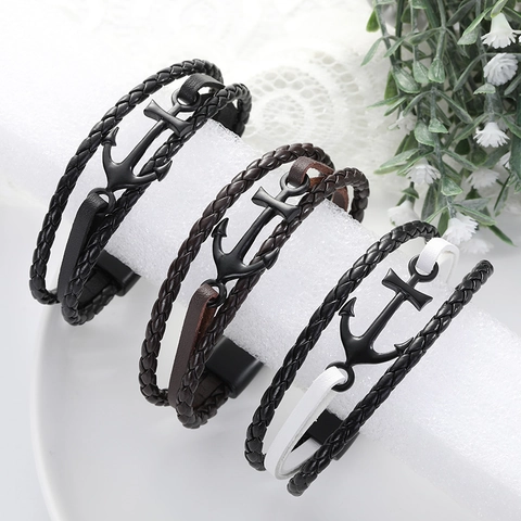 Pulsera De Ancla Vintage Para Hombre Cuero Trenzado Estilo Náutico Dije Metálico Joyería De Moda Casual