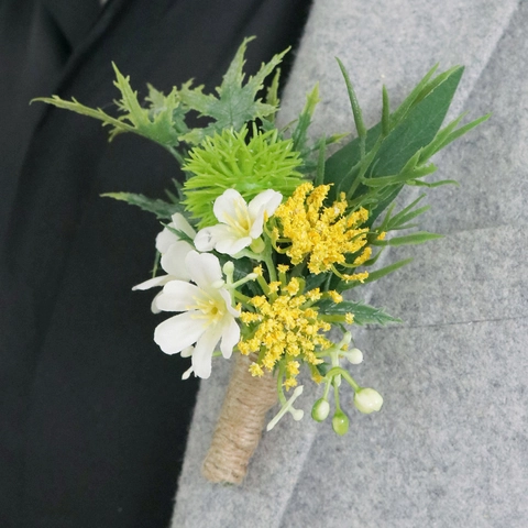 Artificial Wedding Boutonniere Satin Flower Greenery With Hemp Rope Forest Style Corsage For Groom Groomsman Business Event
