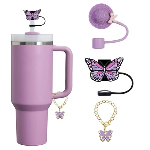 Butterfly Silicone Straw Cover Caps And Metal Chain Pendant Decorative Cup Accessories Dustproof For Drinking Straws