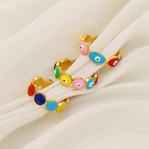 Δαχτυλίδι Evil Eye Smiley Από Ανοξείδωτο Ατσάλι 18K Gold PVD Επιχρυσωμένο Πολύχρωμο Σμάλτο Ρυθμιζόμενο Boho Κόσμημα Γυναικείο