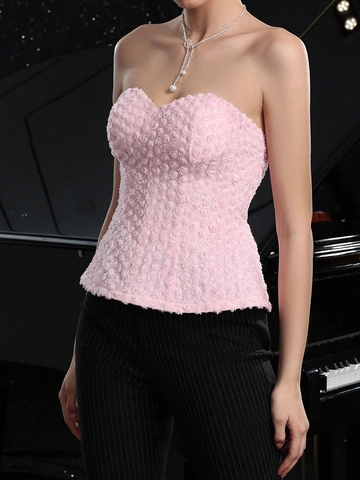 Top Tubo Sexy Rosa Con Flores 3D Espalda Descubierta Con Cordones Corsé Ajustado Elegante Ropa De Fiesta Verano