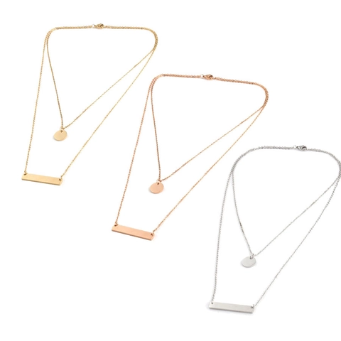 Mirror Stainless Steel Bar Round Disc Layered Necklace Trendy Minimalist Geometric Double Chain Pendant Necklace For Women