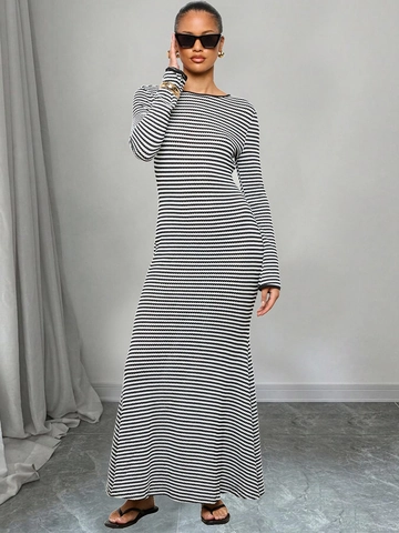 Women Knitted Striped Long Sleeve Maxi Dress Round Neck Bodycon Backless Lace Up Slim Fit Elegant Streetwear