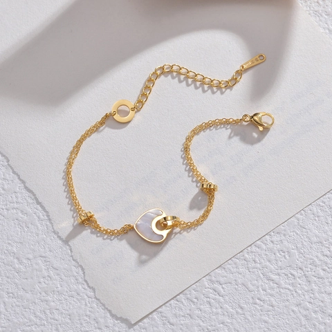 Minimalist Titanium Stainless Steel Double Layer Heart Bracelet With White Mother Of Pearl Pendant Gold Layered Jewelry For Women