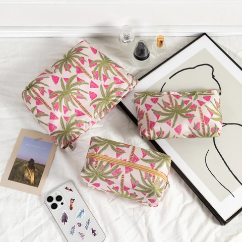 Trousse De Maquillage Broderie Palmiers Femmes Polyester Jacquard Pochette De Toilette Organisateur Portable Style Tropical