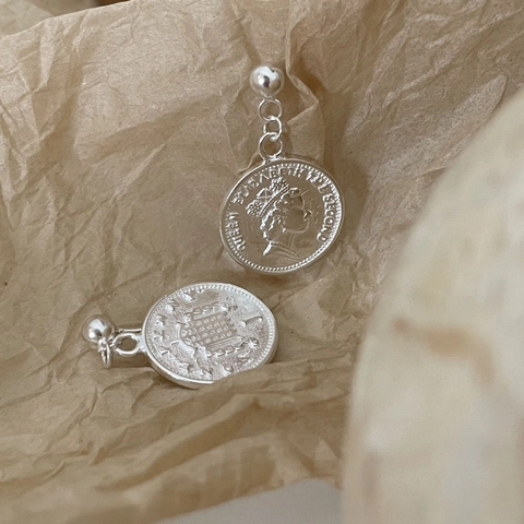 Pendientes De Moneda Vintage Con Poste De Plata De Ley 925 Retrato Reina Isabel Medalla Redonda Retro Británico