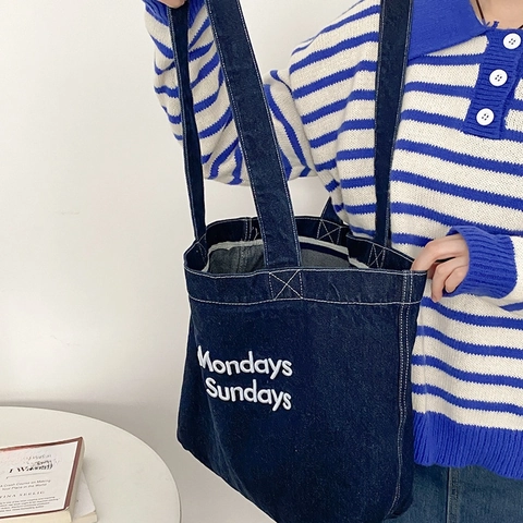 Bolso Tote De Mezclilla De Gran Capacidad Bordado De Letras Bolso De Hombro Informal Retro De Tela Vaquera
