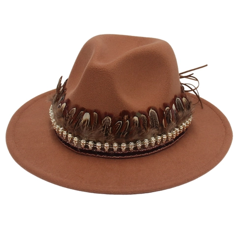 Chapeau Fedora à Large Bord Style Amérindien Vintage Avec Plume et Décoration de Crâne en Métal Chapeau de Fête en Feutre Jazz