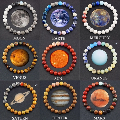 Solar System Universe Eight Planets Natural Stone Tiger Eye Beaded Bracelet Handmade Celestial Galaxy Jewelry For Men Women