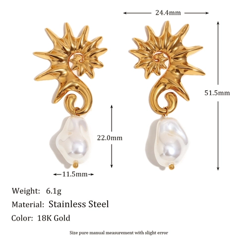Vintage Artificial Baroque Pearl Drop Earrings 18K Gold Plated Stainless Steel Seahorse Spiral Elegant Jewelry For Women