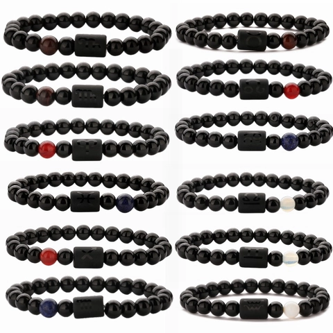 Pulsera De Cuentas De Signos Del Zodiaco Piedra Natural Ojo De Tigre Agata Cuentas Negras Mates Joyeria Elastica Hombre Mujer
