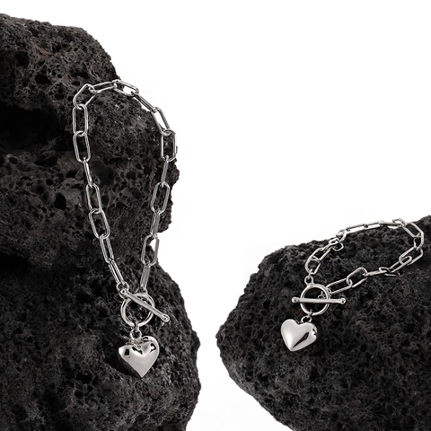 925 Sterling Silver Heart Pendant Bracelet For Women Minimalist Paperclip Chain Toggle Clasp Fashion High Polish Jewelry Gift