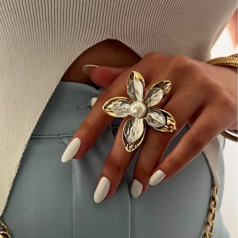 Flower Statement Jewelry 304 Stainless Steel Two Tone Gold Silver With Artificial Pearl Vintage Adjustable Ring Earrings For Women